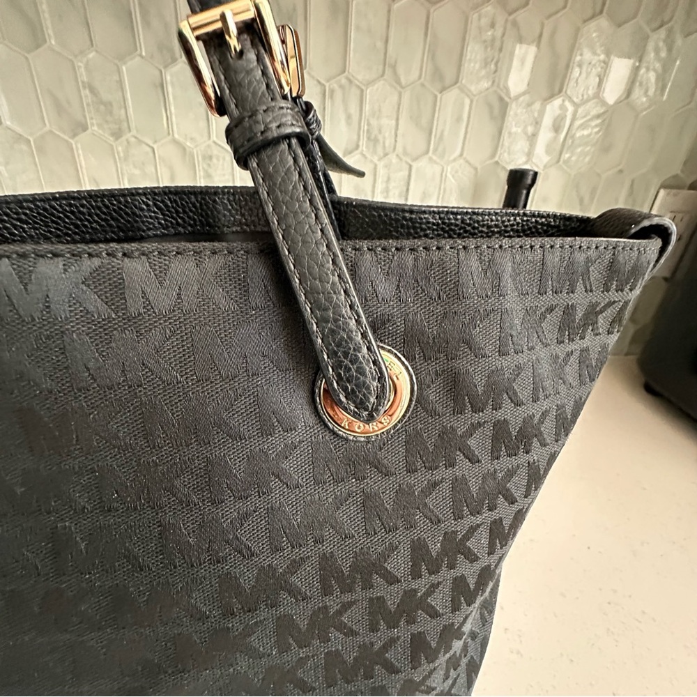 Michael Kors Black Logo Canvas Tote Bag Pebbled Leather Trim Gold - Picture 5 of 9